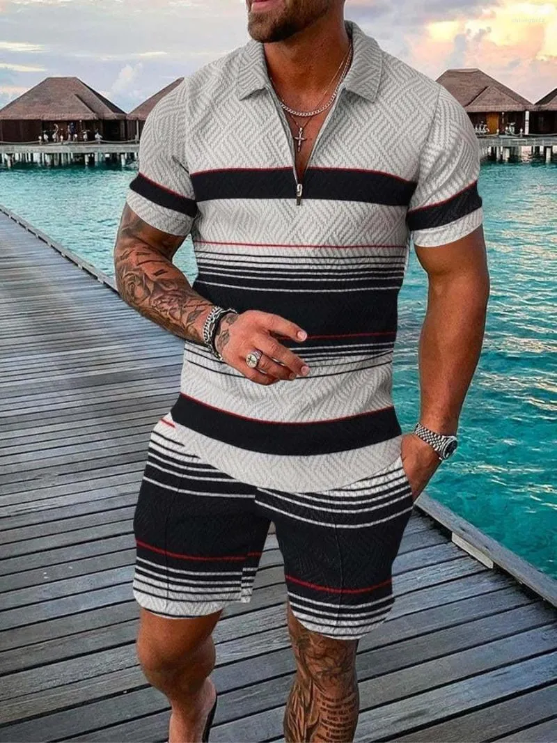 Herrspårar Summer Men kortärmad poloskjorta Beach Shorts 3D Tryckt med Zip-krage Sport 2-delvis set av hög kvalitet casual mode