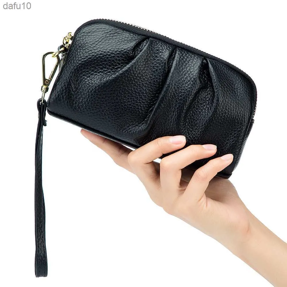 New 2021 Versatile Lady Wallet Contrast Color Key Ring Chain Style Real Top Layer Cow Leather Zipper Coins Pocket Purse L230704