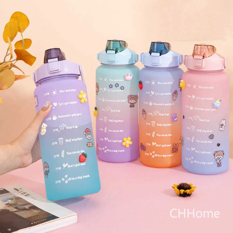 Wasserflasche Kawaii 2 Liter Sport-Motivationswasserflasche mit Strohhalm Zeitmarkierung Plastikbecher Trinkgeschirr Thermoskanne mit großem Fassungsvermögen