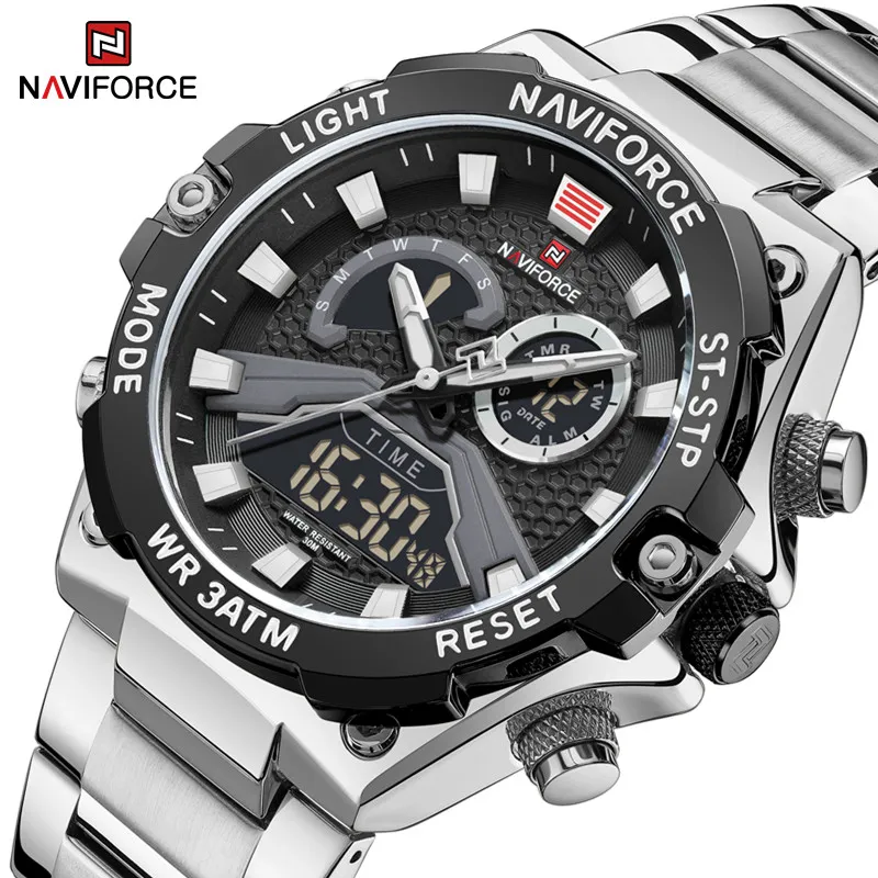 NAVIFORCE Oryginalne męskie Zegarki Luksusowe Kwarcowe Mody Sportowy Pasek Ze Stali Nierdzewnej Wrist Watch Wodoodporny Zegar Męski Prezent