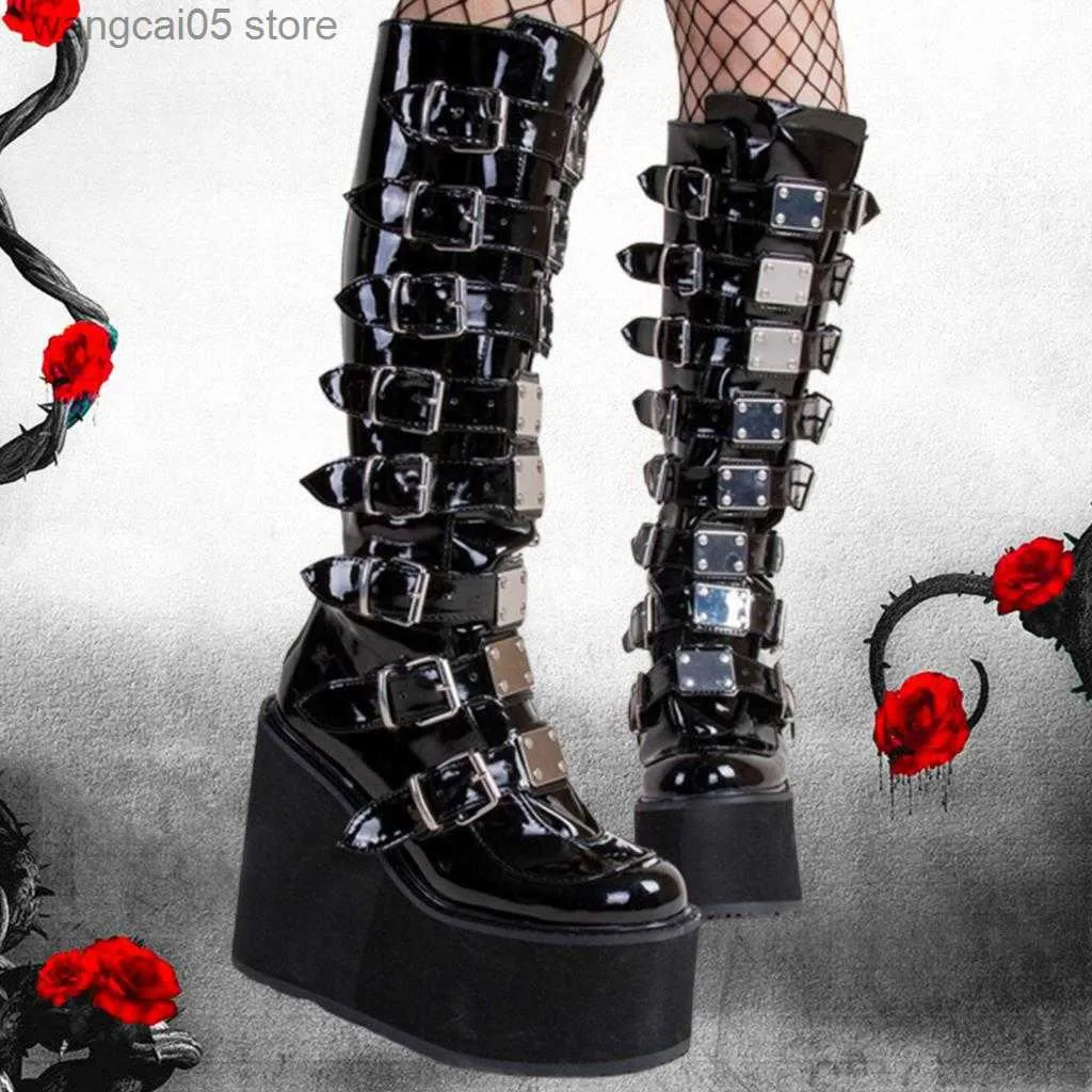 Buty marka projekt duży rozmiar 43 czarny gotycki styl fajne punkowe buty motocyklowe damskie buty na koturnie wysokie obcasy łydki buty damskie buty T230712