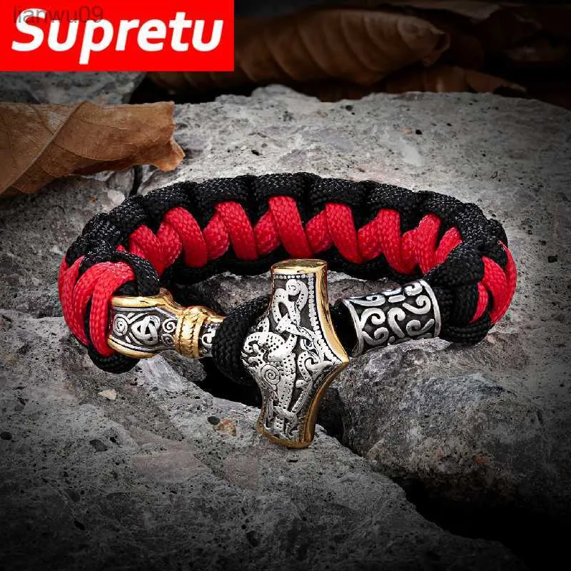 Handgjorda Vikings Thors Hammer Survival Armband Rostfritt Stål Paracord Rope Nordic Amulet Mjolnir Skandinaviska Herrsmycken L230704