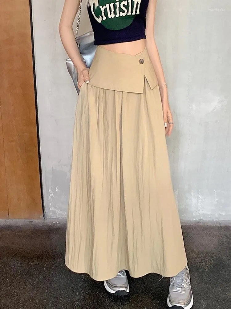 Skirts Chic Flanging One Button Fashion Skirt Women Summer 2023 American Style Pleated Long Dress High Waist Drape