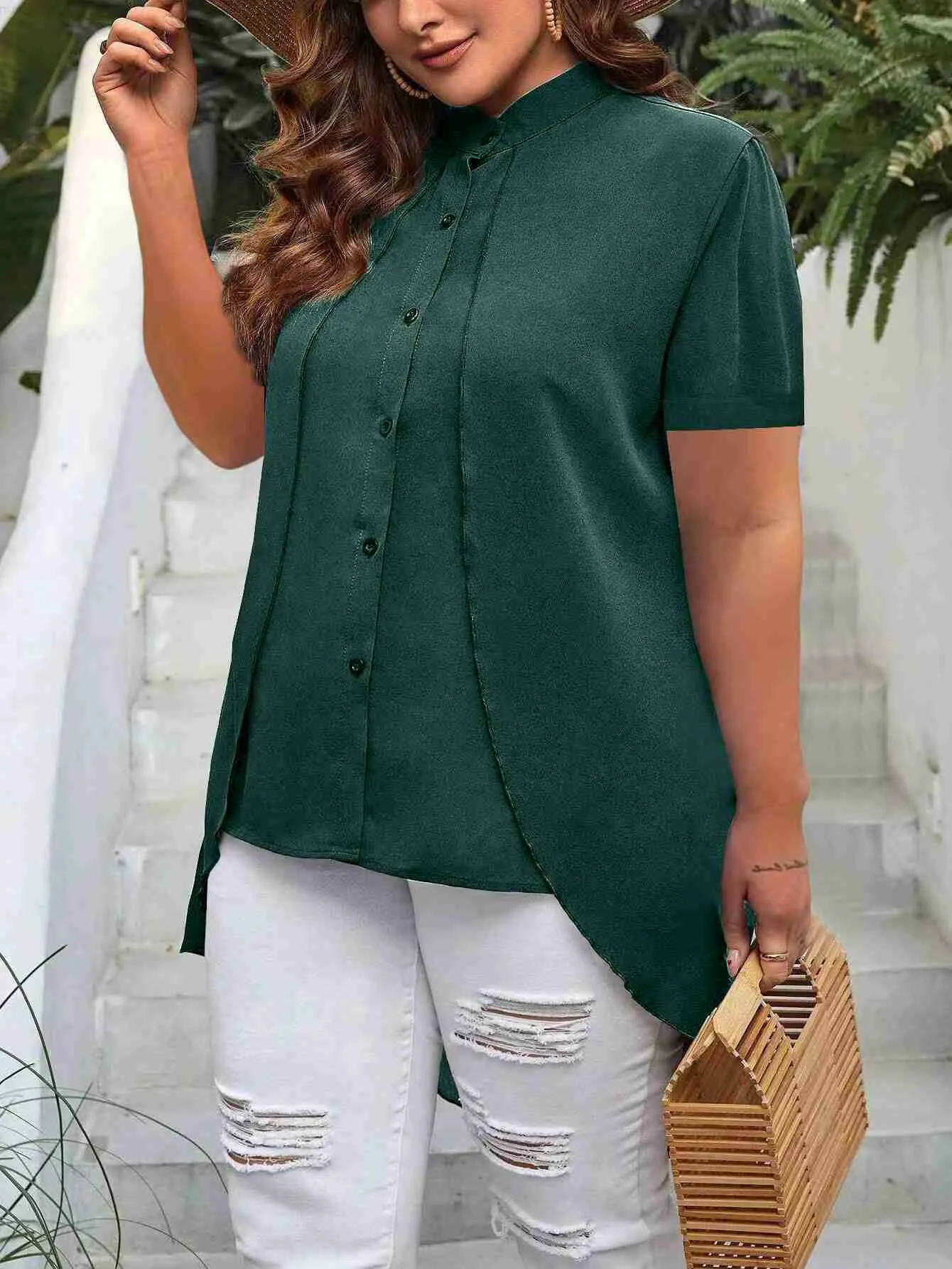 Women's Blouses Shirts Fashion Elegant Swallowtail Shirt Women Casual Office Blouse Tops 2023 Summer O-neck Short Sleeve Loose Buttons Tshirt Women L230712