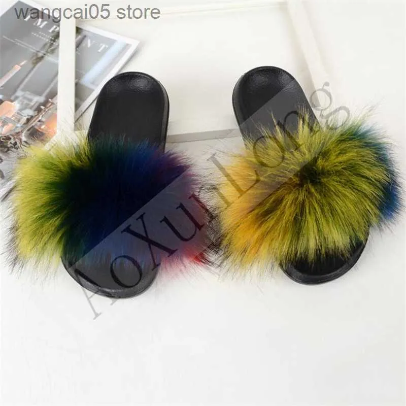 Slippers Fashionable plush fluffy slippers women fake fur slide beach furry sandals faux fur slider beautiful girl fluffy shoes woman T230712