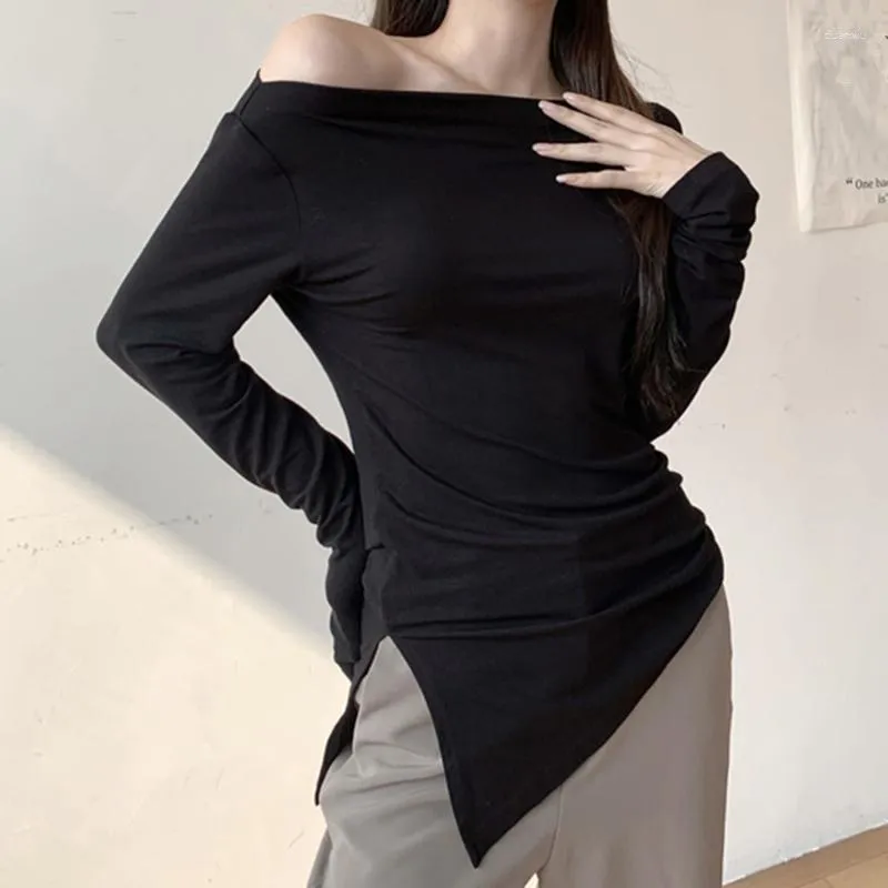 T-shirts pour femmes Sexy Slim chemise blanche femmes T-Shirt à manches longues Style coréen col oblique printemps automne hauts 2023 noir vêtements pour femmes