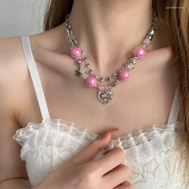 Chaînes Punk Mode Rose Perles Étoiles Couture Coeur Creux Collier Pour Femmes Y2k Bijoux Gothique Cool Accessoires Ins Clavicule Chaîne