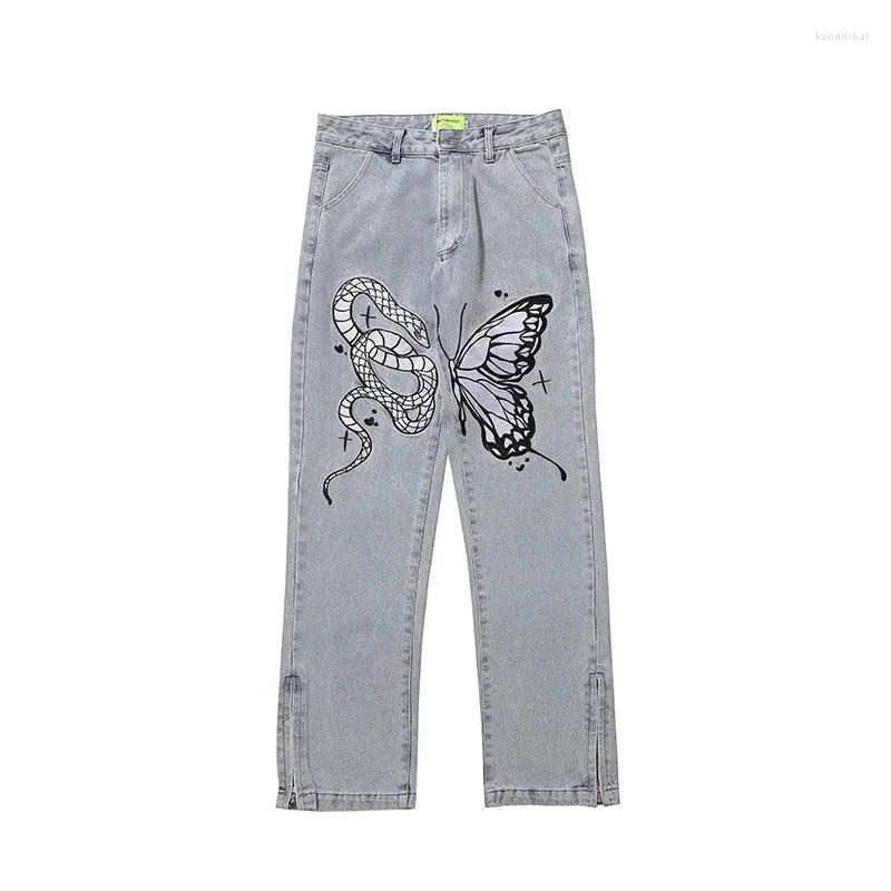 Jeans masculino High Street Borboleta e cobra bordado Calça reta tornozelo com zíper Bolsos retrô Calça jeans solta Hip Hop