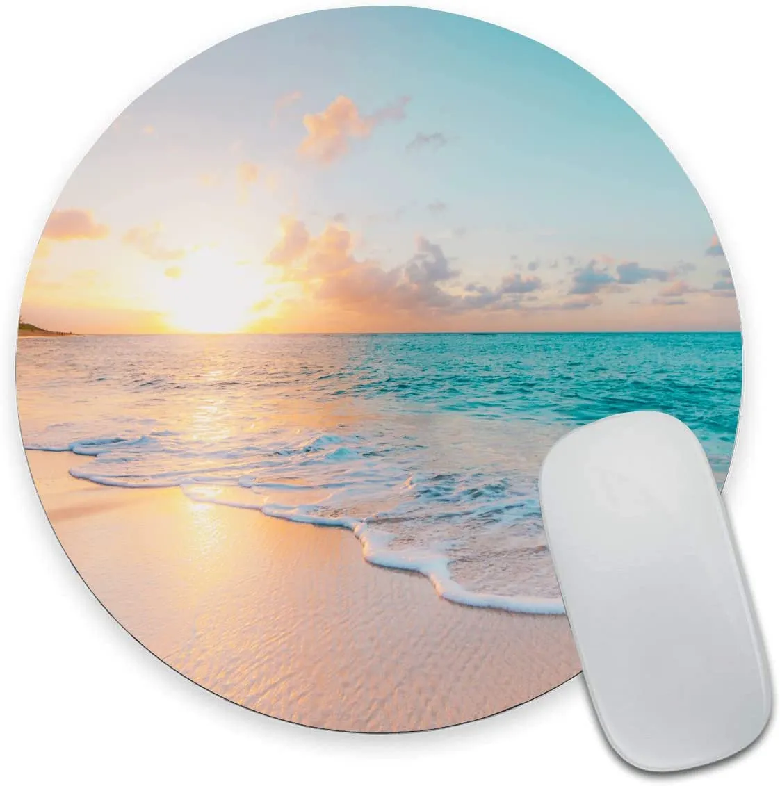 Tapete de mouse redondo personalizado para praia com textura premium, mousepads laváveis com tecido de lycra e base de borracha antiderrapante 7,9 x 7,9 polegadas