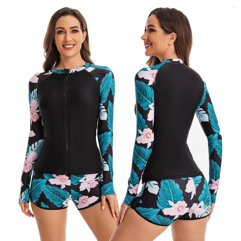 Maillot de bain pour femme Maillot de bain deux pièces pour femme Rash Guard à manches longues Hauts Bas Maillot de bain Surf Maillot de bain Zip complet avec garçon