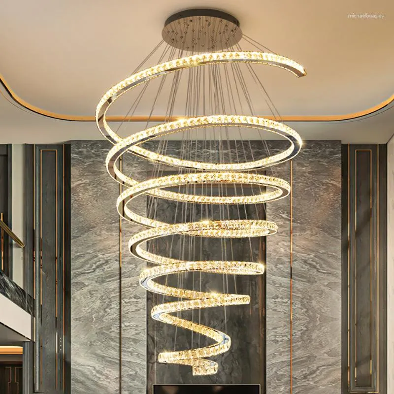 Lustres Duplex Bâtiment Villa Salon Grand Lustre Simple Moderne Lumière De Luxe Cristal Appartement Haut Escalier LED Lampe Lustre