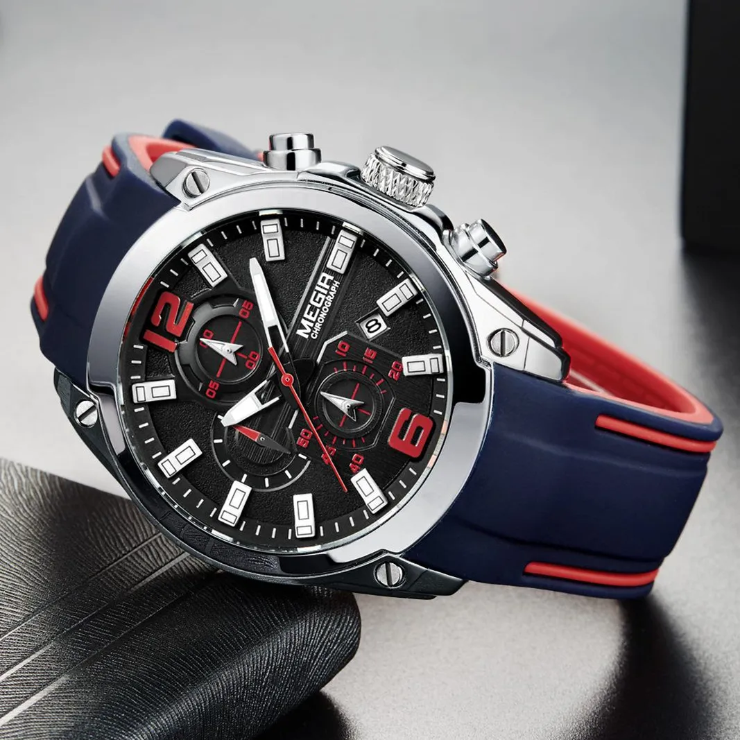 Megir Sport Watch Silicone Strap Chronograph Мужчины кварцевые военные часы для водонепроницаемы