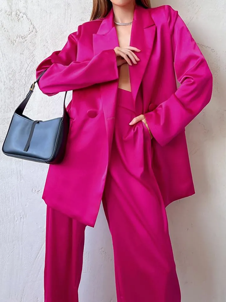 Women's Two Piece Pants Satin Solid 2 Blazer Outfits Female Long Sleeve Double Breasted Zipper Wide Legs Maxi Women Suits Casual Elegant Set