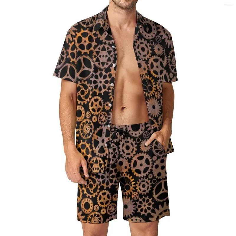 Męskie dresy Steampunk Rusty Gears Beach Męskie zestawy Fajne Steam Punk Styl Zestaw koszul na co dzień Letnie szorty z nadrukiem 2-częściowy Hawajski garnitur Duży