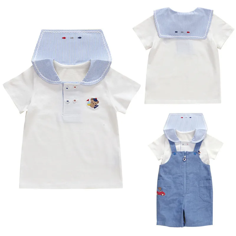 Camicie per bambini Famiglia Manica corta Stile giapponese Ragazzo e ragazza Cartone animato Orso ricamato Colletto blu scuro Camicia per bambini Intimo bianco puro cotone 230711