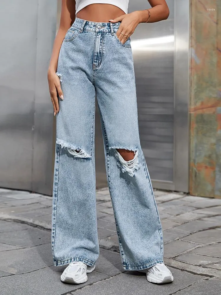 Jeans pour femmes 2023 automne taille haute droite déchiré femmes bleu Denim pantalon mode Streetwear jambe large Baggy pantalon décontracté