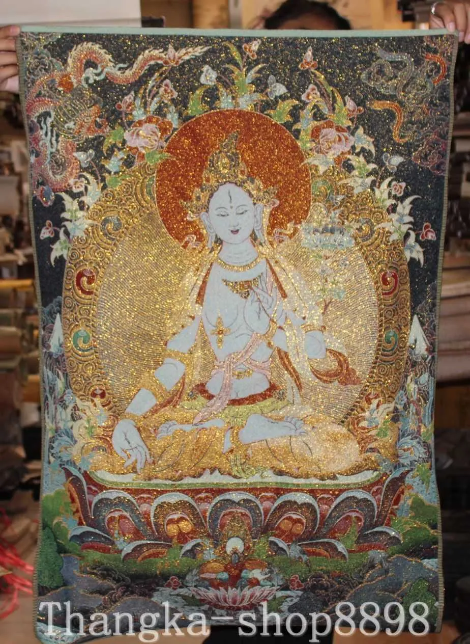 Vale la pena collezionare dipinti appesi in seta Tara Buddha Thangka con sette occhi bianchi del buddismo tibetano e decorazioni squisite L230704