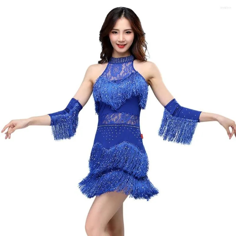 Stage Wear Vintage Sequin Beaded Tassels Latin Dress 2in1 Lace Hollow Elegant Dance For Women With A Pair Of Fringed Sleeves -.