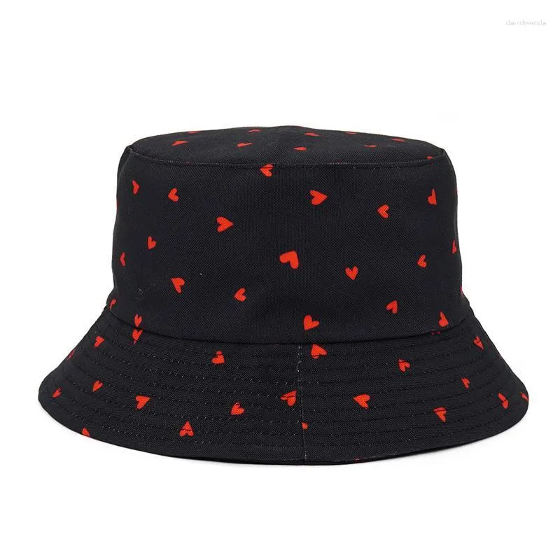 Baretten Four Seasons Cotton Love Heart Print Bucket Hat Fisherman Outdoor Travel Sun Cap voor mannen en vrouwen 422