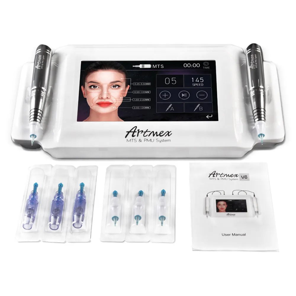 ArtMex V8 آلة مكياج دائمة مع اثنين من الوشم Dermapen Pen Salon Spa Eye Brow Lip Lip Mts PMU Micro Needle Careing Carvenation