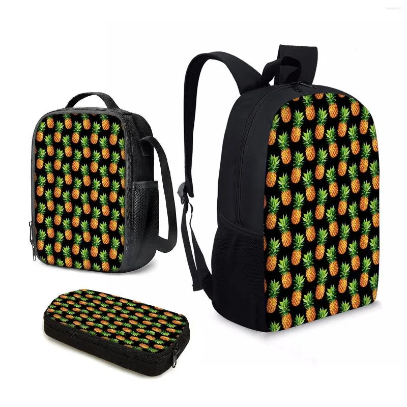 Mochilas escolares YIKELUO Pequena estampa de abacaxi adolescente Jogo para laptop Mochila preta durável Isolamento de frutas Lancheira Mochilas