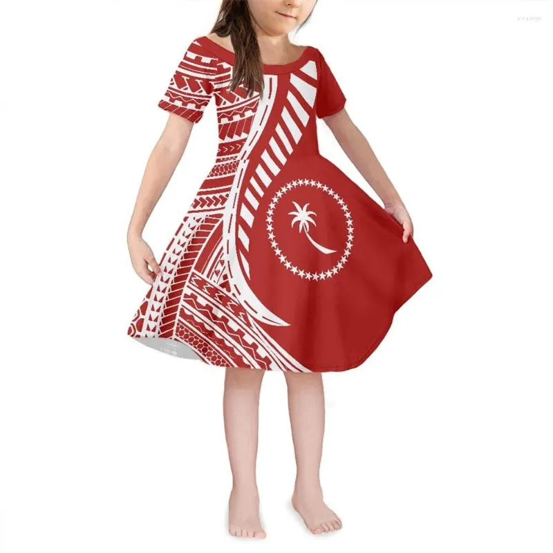 Casual Dresses Kids Custom Design Dress Polynesian Tribal Clothing CHUUK Red Pattern All Print Loose For 4-14 Years Girl Clothes