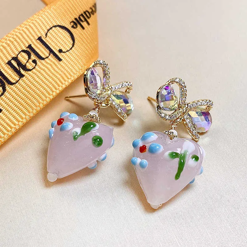 Charm Bow Earrings for Women Korean Minority Unique Pink Love Imitation Glass Luxury Tiktok Net Red 230630