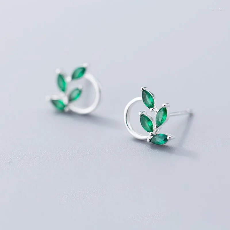 Stud Earrings MloveAcc Spring Breath Fashion Leaves 925 Sterling Silver Green CZ Fine Party Jewelry