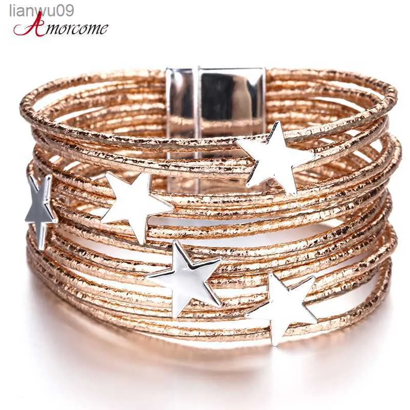 Amorcome Bohemian Star Leather Bracelets for Women Fashion Pentagram Multilleuse Wide Wrap Bracelets Bangles Jewelry Femme L230704