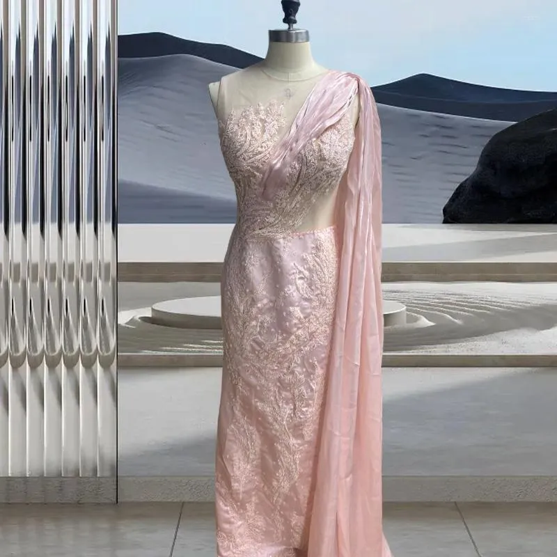 Robes de soirée rose sirène une épaule robe de soirée dentelle perlée dubaï arabe femmes balle Banquet grande taille personnalisation