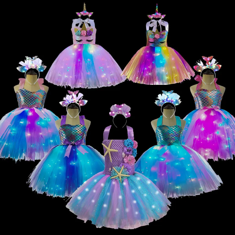 Sukienki dla dziewczynek Dziewczyny Pastelowe sukienki z oświetleniem LED Dzieci Urodziny Świecąca sukienka Dzieci Syrenka Kostiumy Dziewczynka Tęczowy jednorożec Tutu 230712