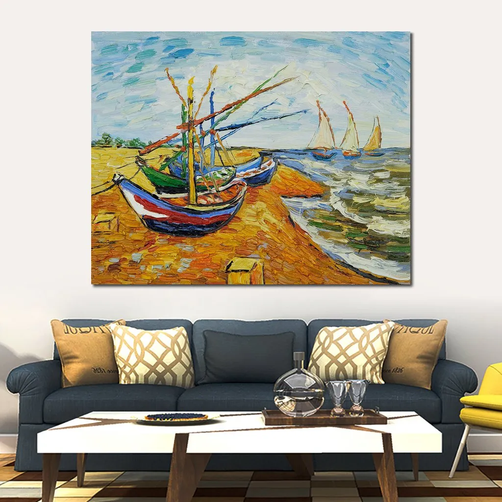 Fine Art Toile Peinture Bateaux à St Maries Fabriqué À La Main Vincent Van Gogh Reproduction Oeuvre Décor À La Maison