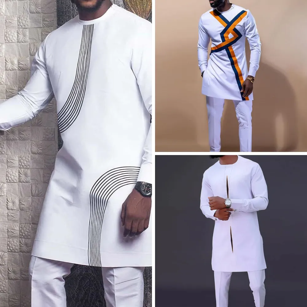 Fatos de Treino Masculino Em Dashiki Africano Impresso Branco Étnico Terno 2 Peças Tradicionais Roupas De Festa De Casamento Para Homens 230712