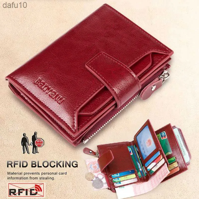 Fahion Kvinnor Plånbok i äkta läder RFID Blockering Kort Multifunktion Stor Kapacitet Blixtlås Myntväska Pengaklämma L230704