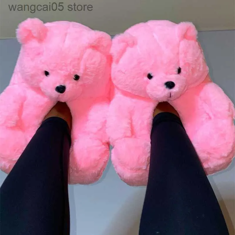 Slippers Hot Vrouwen Charmant Naïef Pluche Warme Katoenen Slippers Liefhebbers Vrijetijdsbesteding Huis Harige Teddybeer Slides Cartoon Creatieve Flip flops T230712