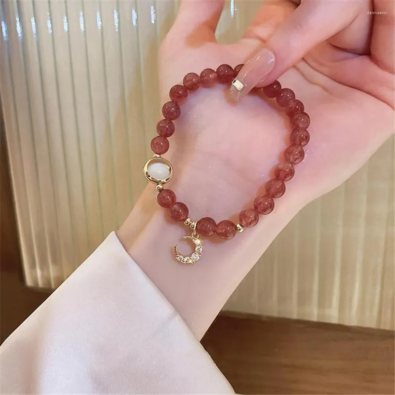 Strand 2023 Trend Women Opal Zircon Bracelet Natural Stone Smooth Moon Elastic Beads Jewelry Gift Leaf Pendant Braclet