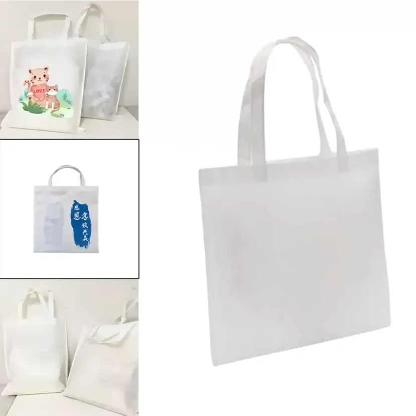 Bolsa de compras de tela no tejida de sublimación blanca, bolsa de mano de comestibles personalizada imprimible con prensa de calor con asas para decoración DIY FY3836