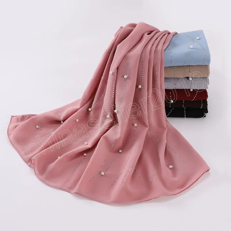 Chiffong Muslim Scarf Dam Rhinestone Pearl Hår/Huvudsjalar Färg 175*70cm Foulard Kvinna Handgjorda DIY Hijab