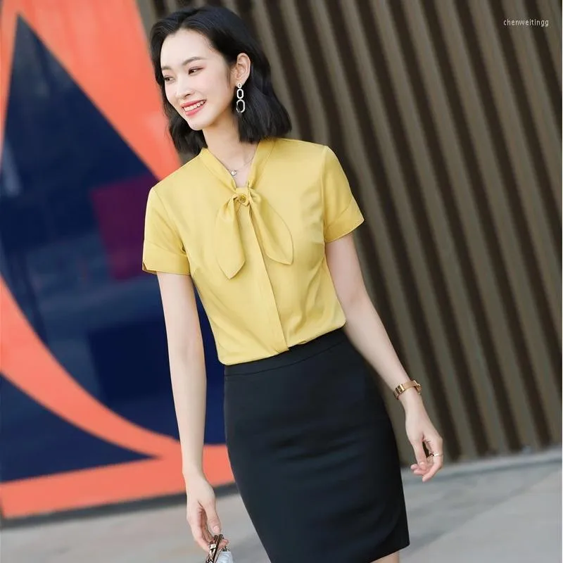 Women's Blouses Elegant Yellow Shirts For Women Short Sleeve Business Work Wear Summer Office Ladies Blouse Shirt Female Tops Clothes