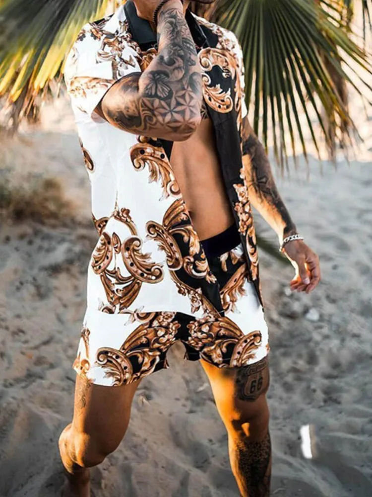 Agasalhos masculinos moda manga curta estampa havaiana conjunto praia shorts coco diário duas peças S3XL 230711