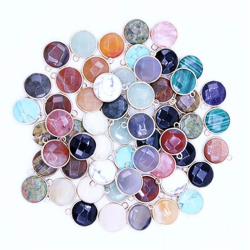 Charms Natural Round Crystal Quartz Stone Mixed Pendenti Connettore per fai da te Druzy Collana Orecchini Creazione di gioielli Drop Delivery Trova Dhe9S