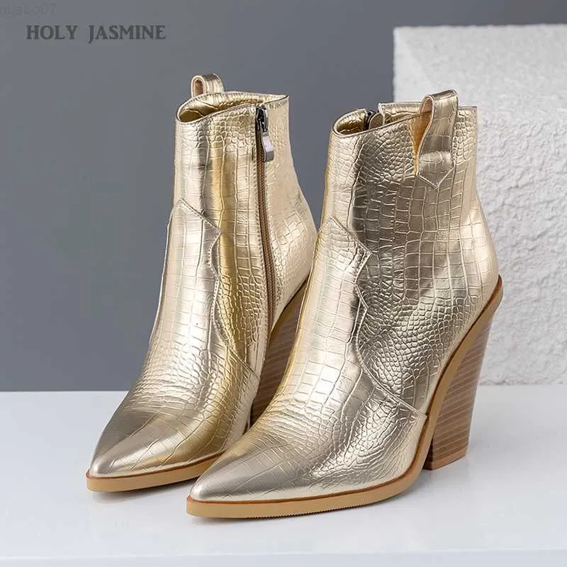 Boots 2020 Snake Print Angle Boots for Women Осень зимние западные ковбойские ботинки Women Wedge High Heel Boots Gold Silver Fashion обувь L230712