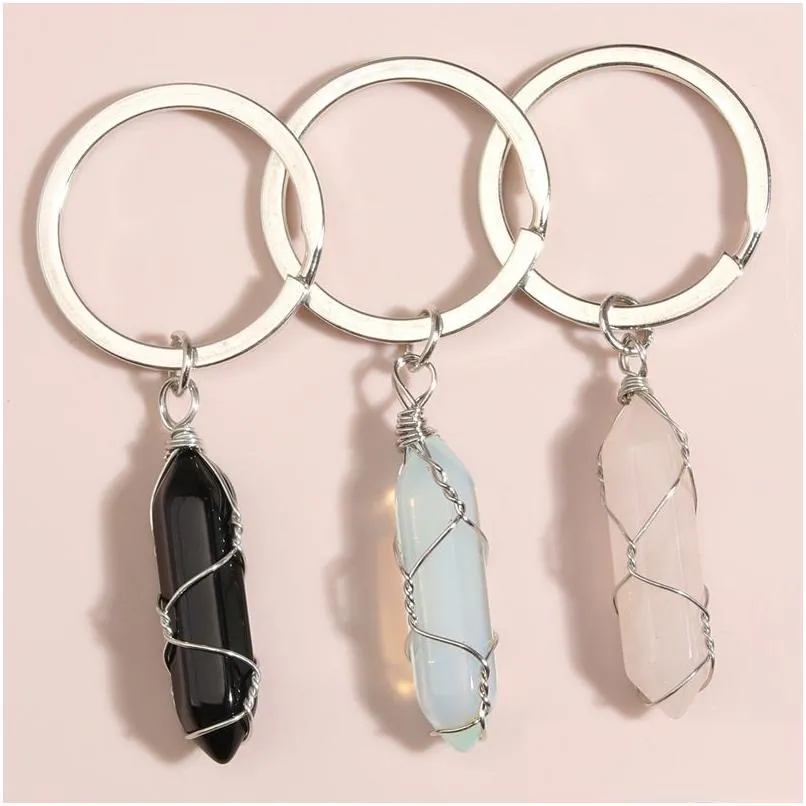 Key Rings Wire Wrap Natural Stone Hexagonal Prism Healing Crystal Pink Car Decor Keyholder Keychains For Women Men Drop Delivery Jewe Dhwyl