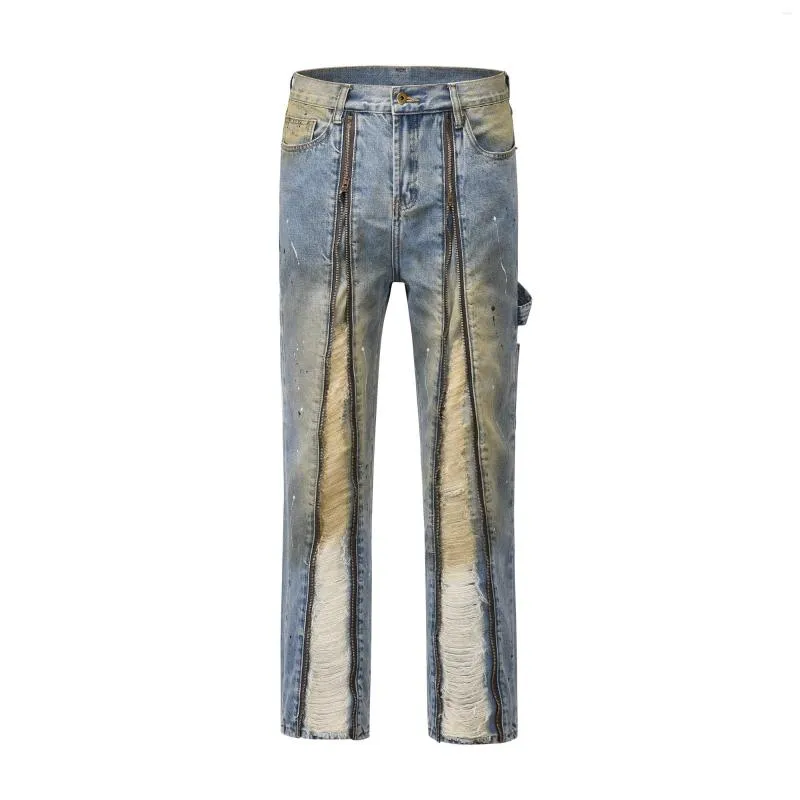 Jeans herr med dragkedja på framsidan Distressed Washed Vintage Byxor Harajuku Y2K Rak bläck Målad Baggy Denim Byxor Oversized