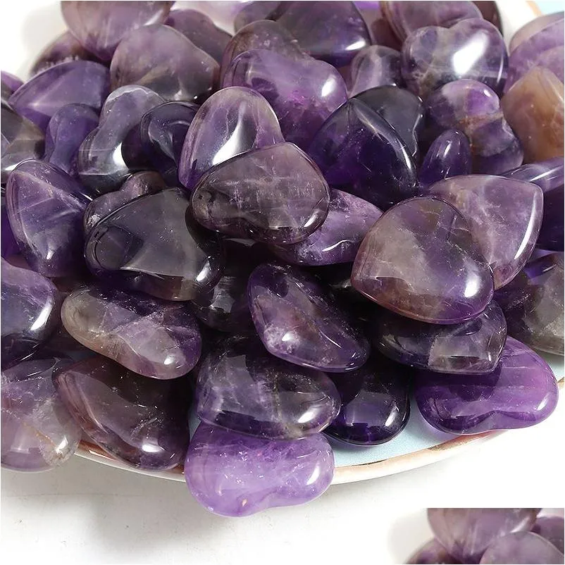 Adornos de cristal natural de piedra tallada 20X6Mm Corazón Amatista Chakra Reiki Curación Cuarzo Mineral Piedras preciosas caídas Mano Decoración para el hogar D Dhkzh