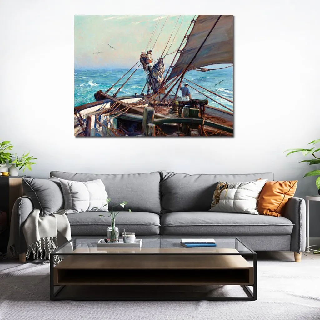 Seascape Sailboat Canvas Art A Crew Manning Sail Frank Vining Smith Painting Hand Painted Oil Artwork Wall Decor