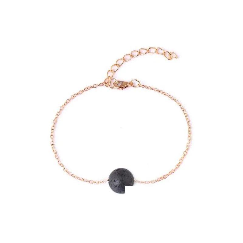 Charm Armbänder Mode Einfacher Stil Gold Farbe Kette Schwarz Lava Stein Armband Aromatherapie Ätherisches Öl Diffusor Für Frauen Jewelr Dhz0D