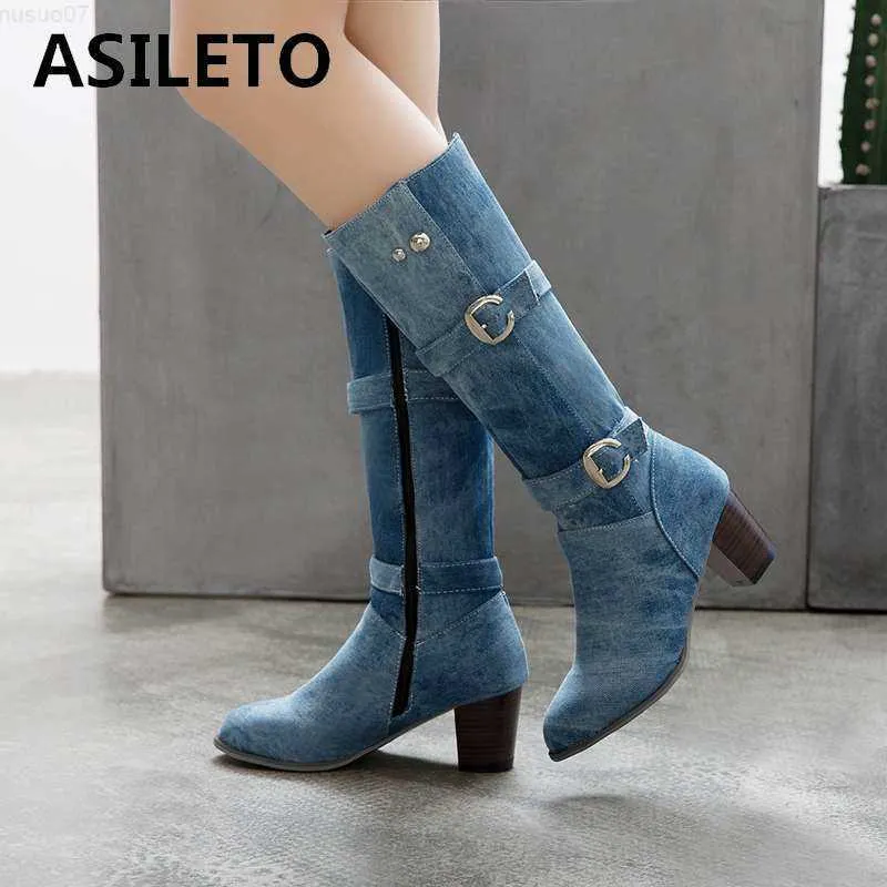 Stivali ASILETO Taglia grande 34-46 Stivaletti da cowboy occidentali Tacchi quadrati Cerniera Fibbia Scarpe di jeans Stivali a metà polpaccio Donna Punta a punta Nero Blu L230712