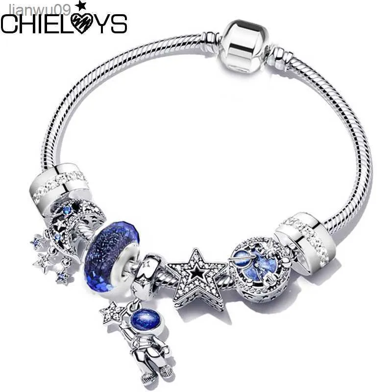 2023 New Silver Color Charm Bracelets With Blue Star Moon Beads Pendant For Women Space Series Jewelry Gift Dropshipping L230704