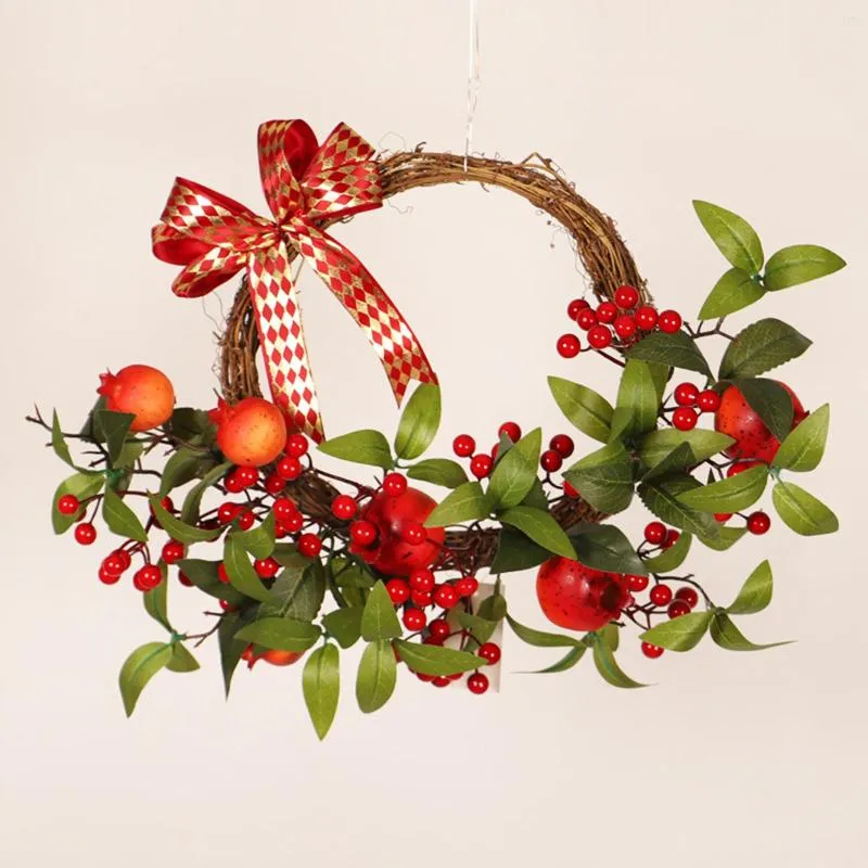 Decorative Flowers Christmas Wreath Wall Hanging Red Pomegranate Garland For Front Door